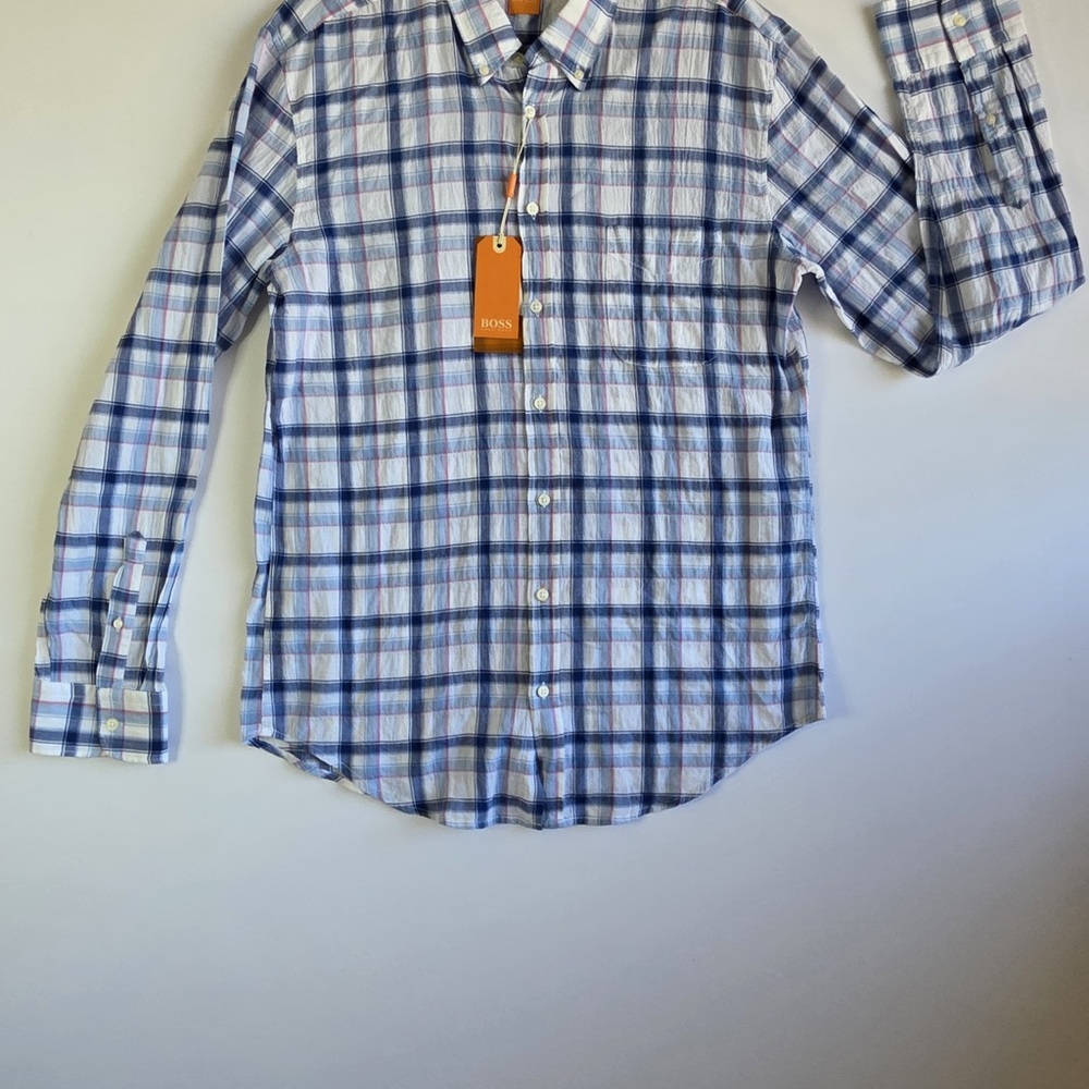 Boss Men's Blue and White Plaid Shirt
